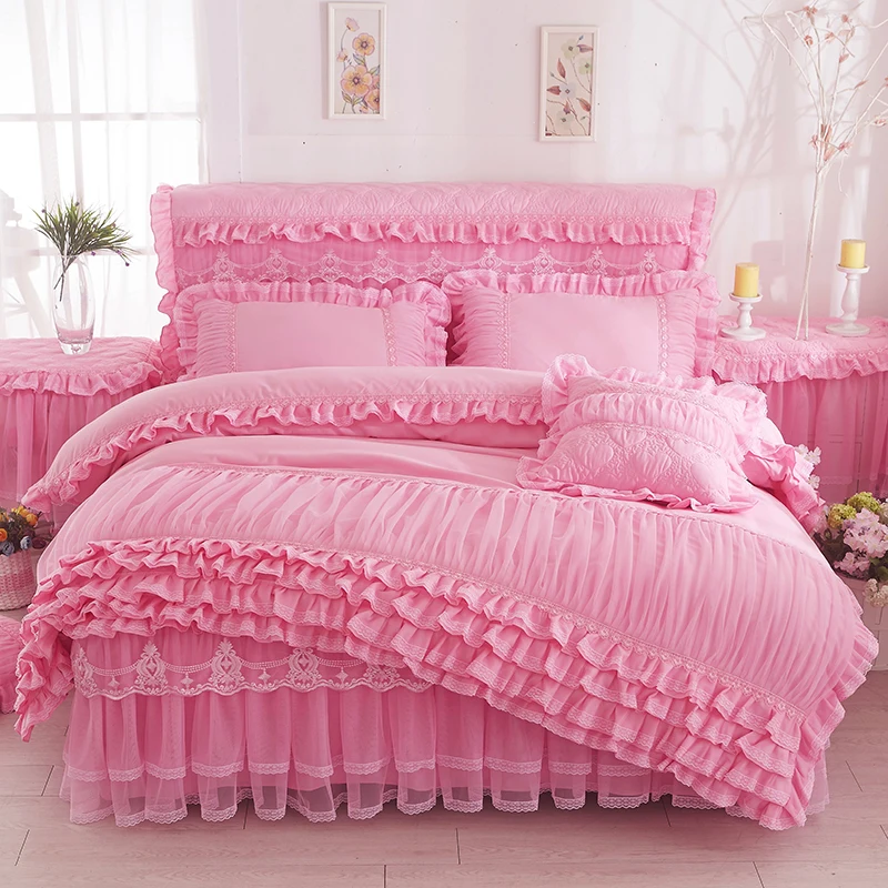 

Bedding Set Korean Style Solid Color Princess Bedspread Pink Lace Embroidered Duvet Cover Bed Skirt Pilliwcases Home Textile