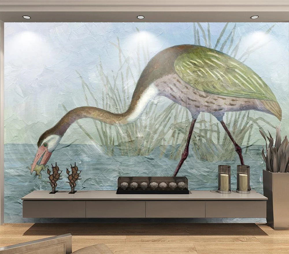 

Custom wallpaper Hand-drawn river bird hunting frog reed background wall painting