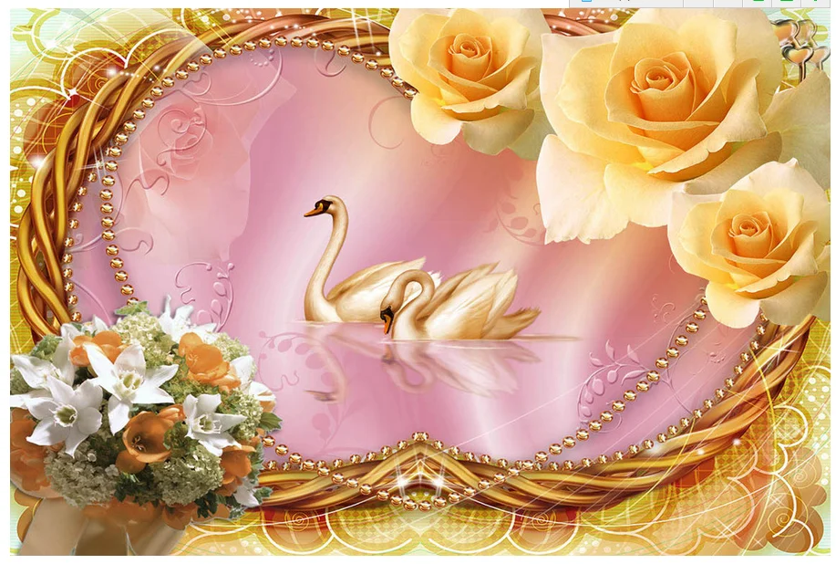 3d customized wallpaper Home Decoration Romantic Rose Golden Swan love 3D stereoscopic TV backdrop Painting For Living Room