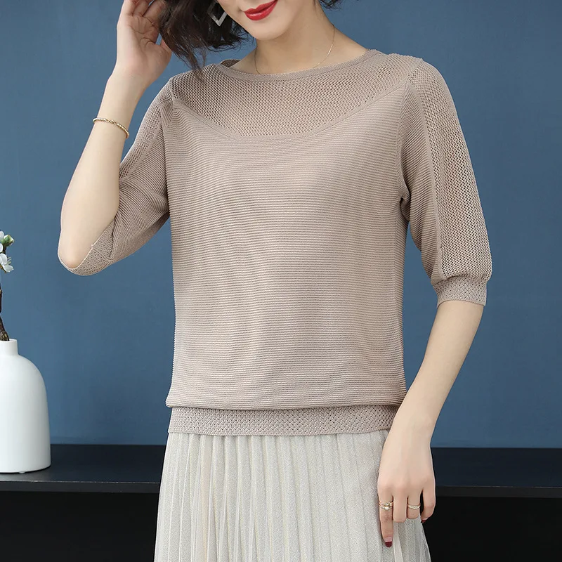 

Summer Ice Silk Knitted T-shirt Women's Loose Short Sleeve Round Collar Top Tees Female Korean Thin Solid Colort-shirts H9303
