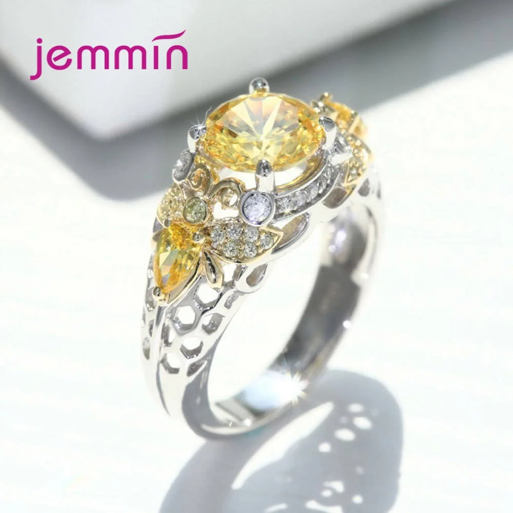 Best Gift Jewelry 925 Silver  Sparkling Lemon Cubic Zircon Statement Ring Yellow CZ Crystal Bee Design High Quality