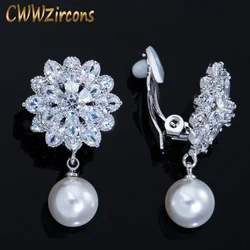 CWWZircons No Piercing White CZ Crystal Dangle Drop Pearl Flower Clip on Earrings Non Hole Pierced Ear Jewelry For Women CZ410