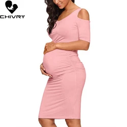 Chivry-Robe de grossesse à col rond pour femme enceinte, tenue décontractée, sexy, nouvelle collection