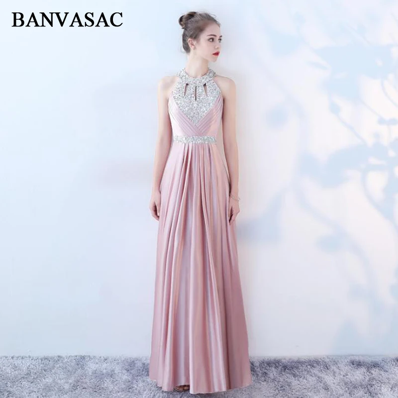 

BANVASAC 2018 A Line Luxury Crystal Halter Long Evening Dresses Elegant Party Pleat Sequined Sash Open Back Prom Gowns