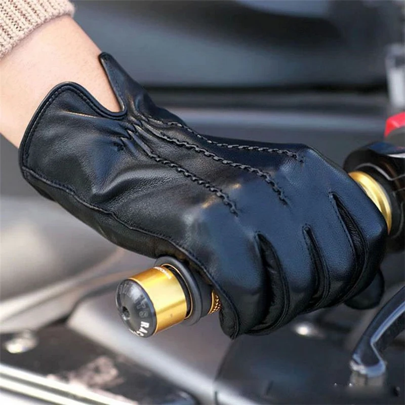 Top Fashion  Velvet Five Finger Men Genuine Leather Gloves Autumn Winter Plus  Sheepskin Driving Glove For Male M014WC-5