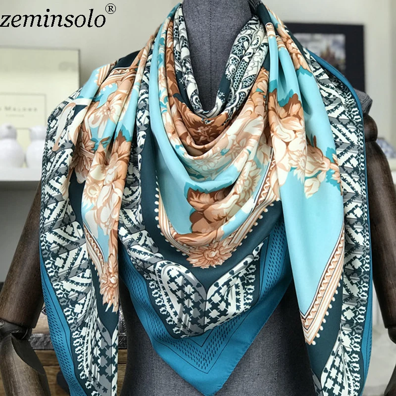 Neck Scarf Shawl Women Floral Print Bandana 100% Twill Silk Scarves Square Kerchief Foulards Femme Scarf Hijab Stole 130*130cm