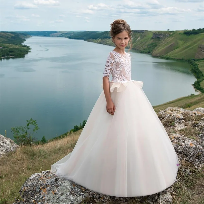 Elegant Flower Girl Dresses A-Line For Half Sleeve Tulle White Lace Applique First Communion Girls Pageant Dresses