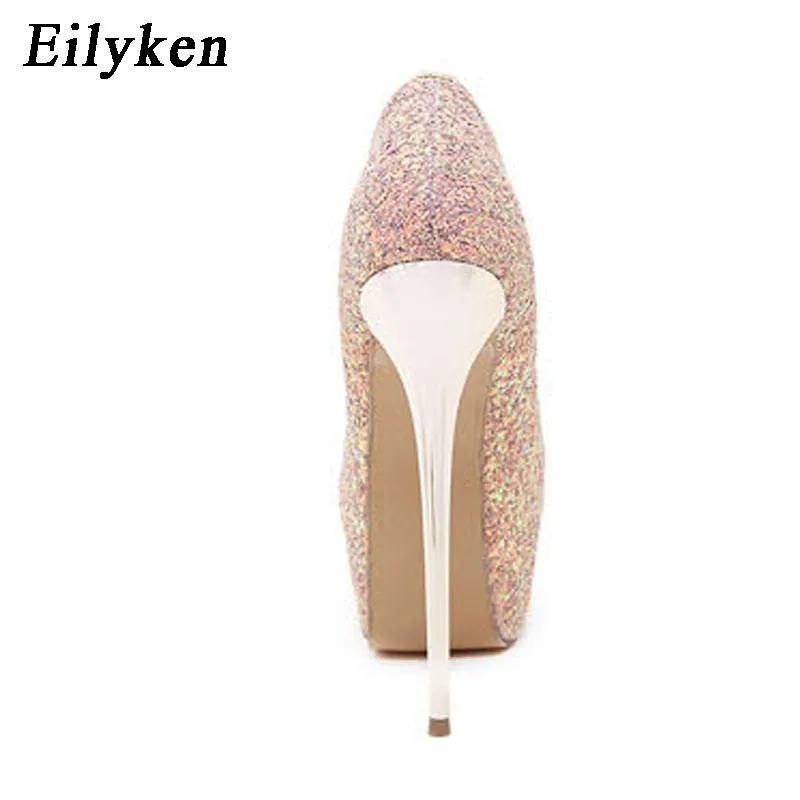 Eilyken Plus Size 44 45 New Sexy Platform Ultra High Heels Woman Pumps Designer Bling Sequins Party Strippers Dress Shoes