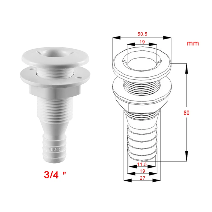 Barca Attraverso Scafo Montaggio/Scarico 3/4 "Hose Barb Marine Materiale di Nylon