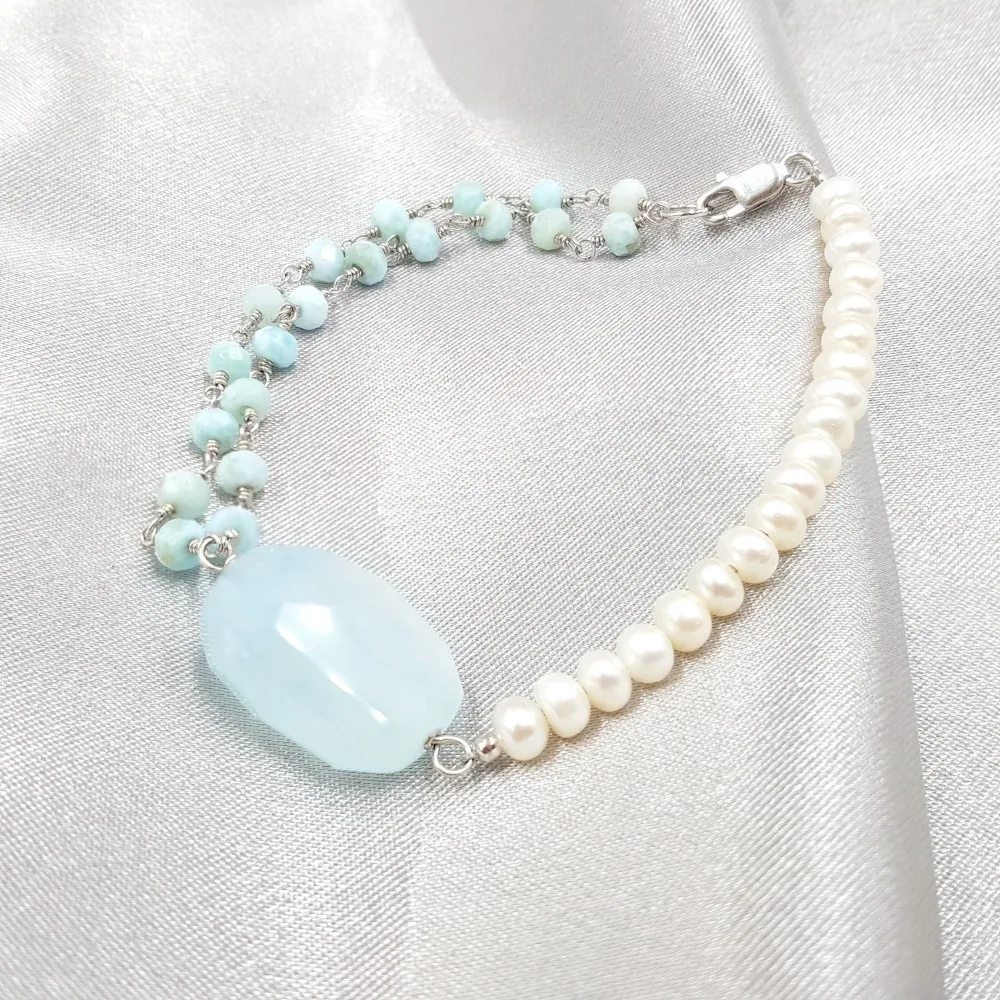 

Lii Ji Natural Gemstone Aquamarine,Larimar,Freshwater Pearl 925 Sterling Silver Clasp Shining Unique Bracelet For Women Girls