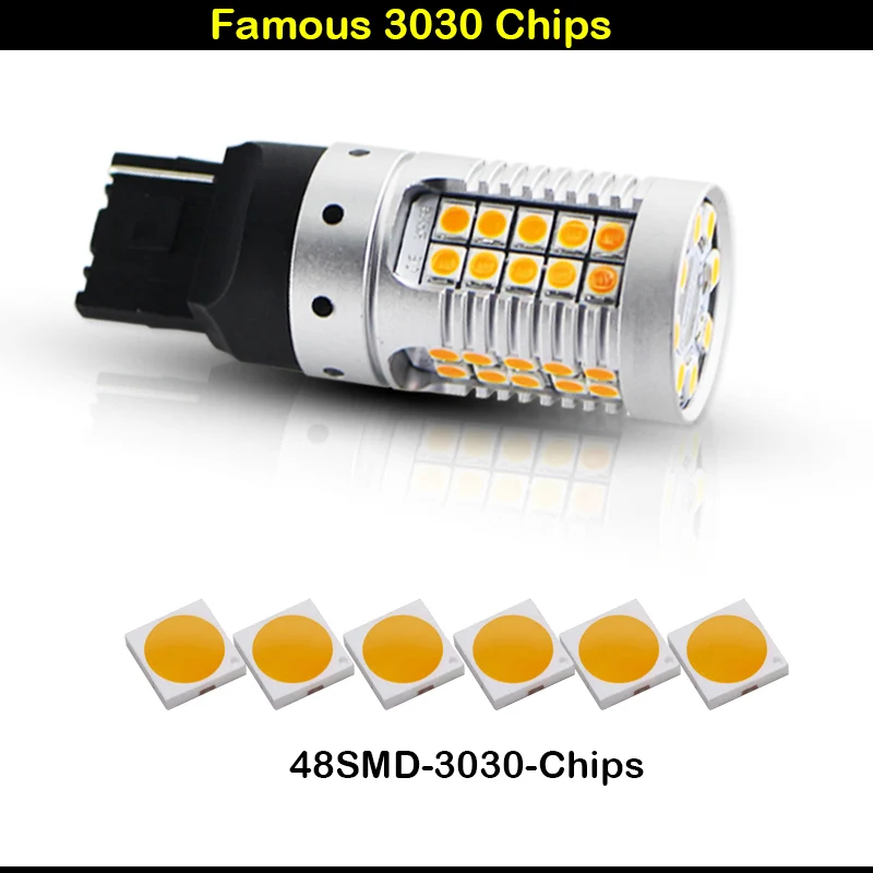 (4) Canbus No Hyper Flash Amber Yellow 7440 W21W WY21W T20 LED Replacement Bulbs For Car Auto Front or Rear Turn Signal Lights