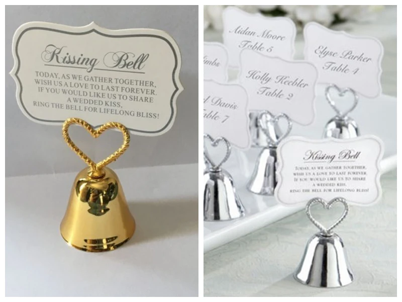 

50Pcs/lot Event and Party Wedding decoration favors of Silver and Gold Heart Kissing Bell Place card holder for seat name holder