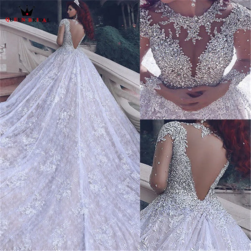 Custom Made Empire Big Train Lace Crystal Beaded Diamond Luxury Vintage Muslim Wedding Dresses 2023 New Wedding Gown NY69