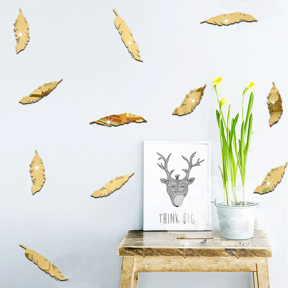 Acrylic Mirror Surface Feather Wall Sticker For Kids Rooms Baby Nursery Self-adhesive Wall Decal Home Decor DIY Art Mural Poster