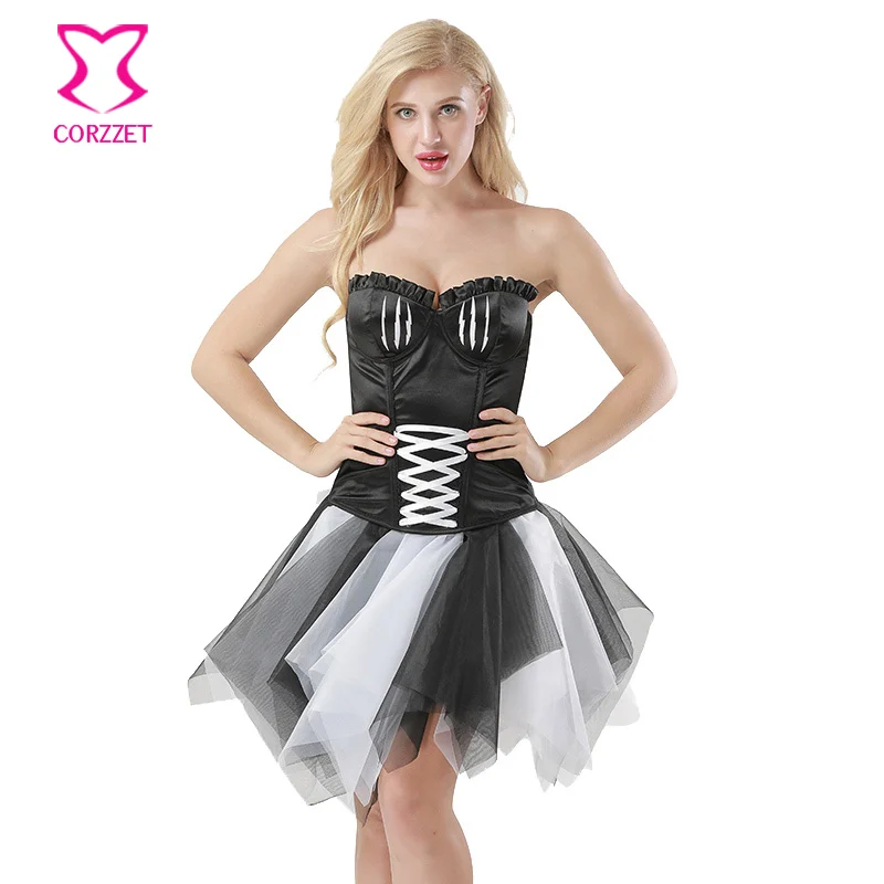 

Corzzet Sexy Black Cotton Overbust Corset With TuTu Skirt Adult Rock Dancewear Burlesque Costume Supergirls Steampunk Clothing