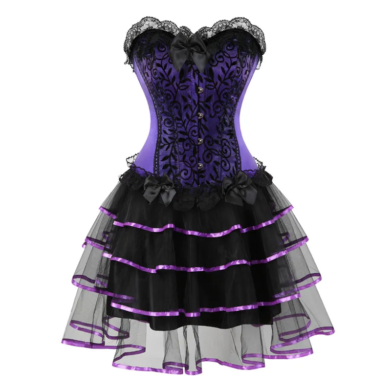 

Corset Bustier Dress Sexy Corselet With Skirts Witch Gothic Women Lace up Clubwear Victorian Plus Size Vintage Exotic Purple