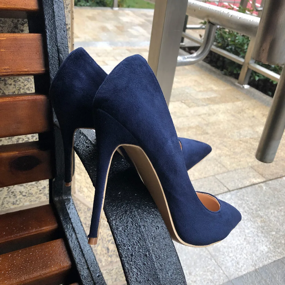 Veowalk Navy Blue Women Synthetic Suede High Heels Pointed Toe Slip on OL Ladies Stiletto Pumps 8 10 12cm Fashion Wedding Shoes