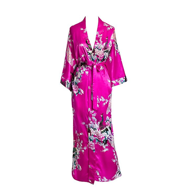Kimono longo chinês para as mulheres, tamanho grande xxxl, estampa de flores, pavão, roupão sexy, roupão para a noiva e dama de honra