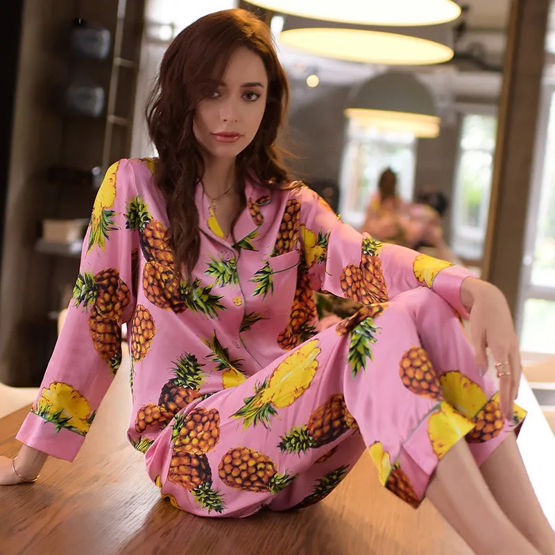 Brand Real Silk Pajamas Female Pineapple Flower Sleepwear Women Pure SILK Long-Sleeved Pyjama Pants Two-Piece Sets T8007