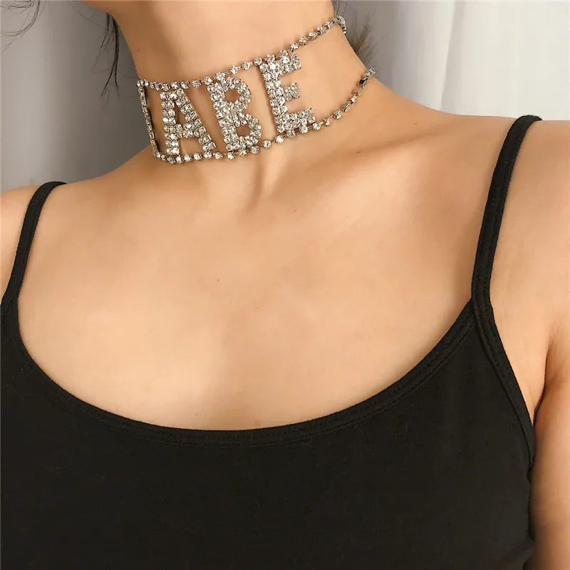 AE-CANFLY Rhinestone Shiny Chokers Girls Sexy Punk Letter BABE PRINCESS Night Entertainment Venue Party Accessories Necklace