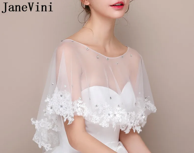 JaneVini Capes Casamento Do Xaile Do Envoltório Bolero Noiva Do Vintage Flores de Renda Frisado Apliques de Cristal Das Mulheres Top Curto Shrug Stoles 2019