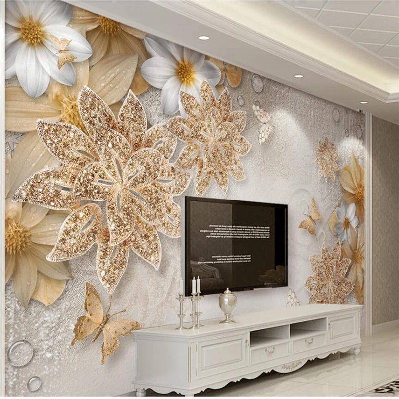 

wellyu papel de parede 3d European luxury golden jewelry flowers butterfly TV background wall custom large mural wallpaper