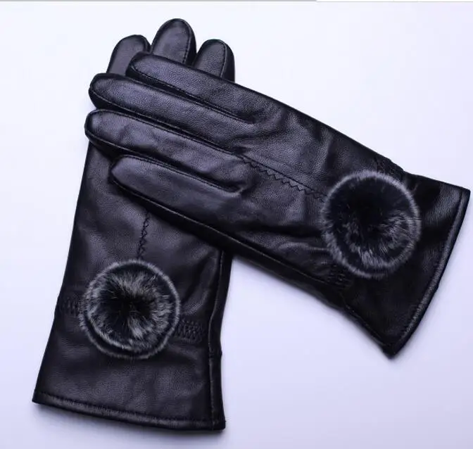 women's winter genuine leather rabbit fur ball gloves lady's thicken warm fleece lining leather glove winter driving glove R152