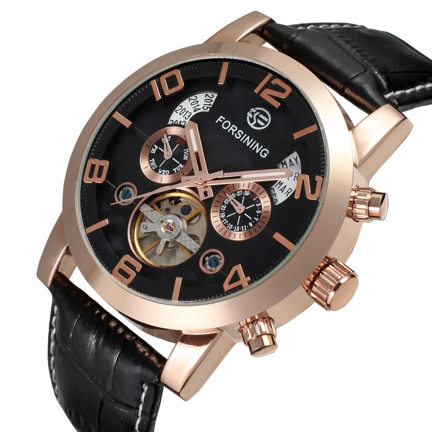 Forsining Golden Bezel Tourbillion Year Month Display Genuine Leather Men Watches Top Brand Luxury Self Winding Automatic Watch