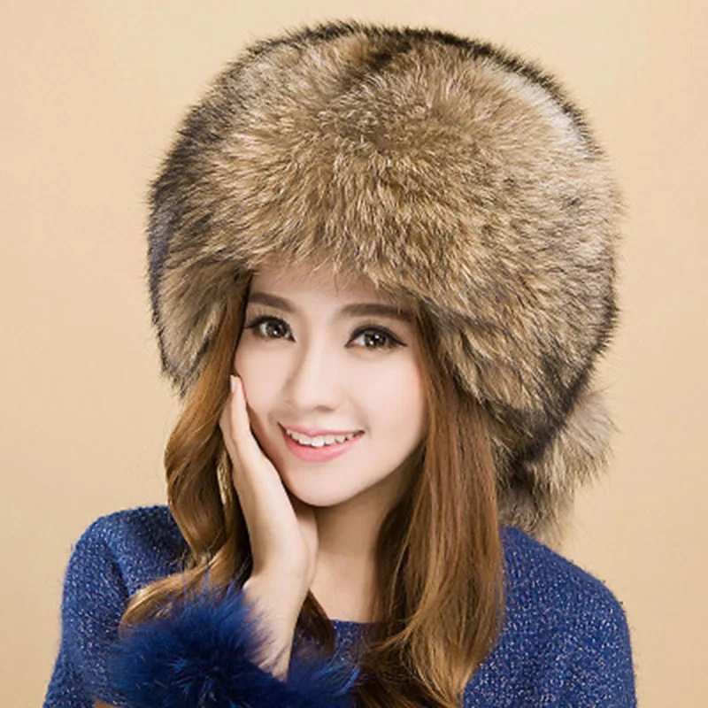 Fashion Female Winter Leather Straw Hat Fox Maubere Hat Lady Raccoon Fur Hat Winter Style Cold and Warm