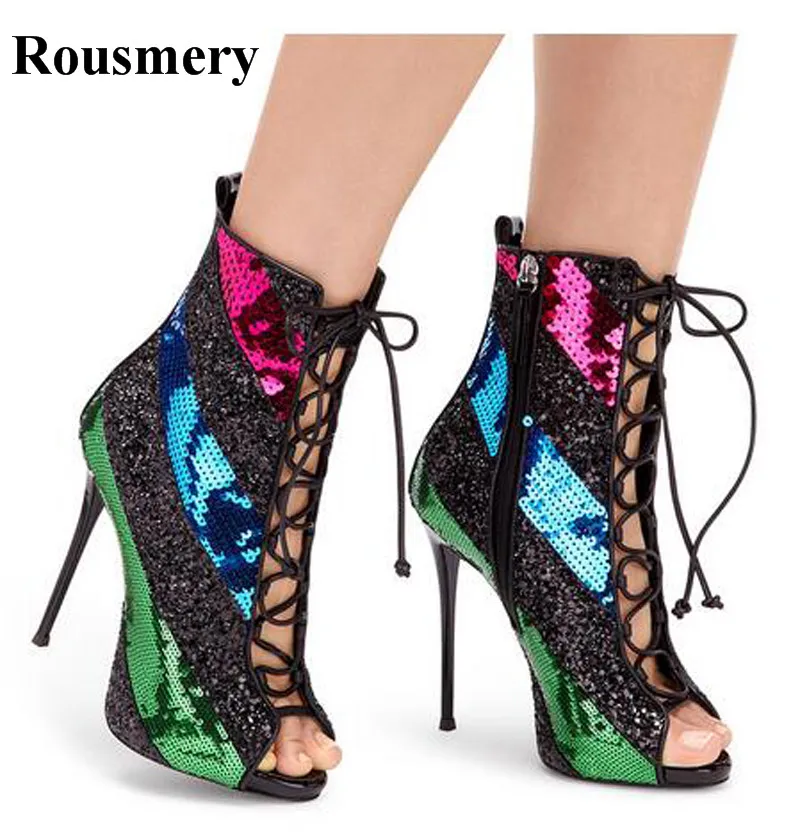 

Women Sexy Bling Bling Open Toe Lace-up Glitter Embellished Gladiator Ankle Boots Cut-out Mix-color Sequined High Heel Boots