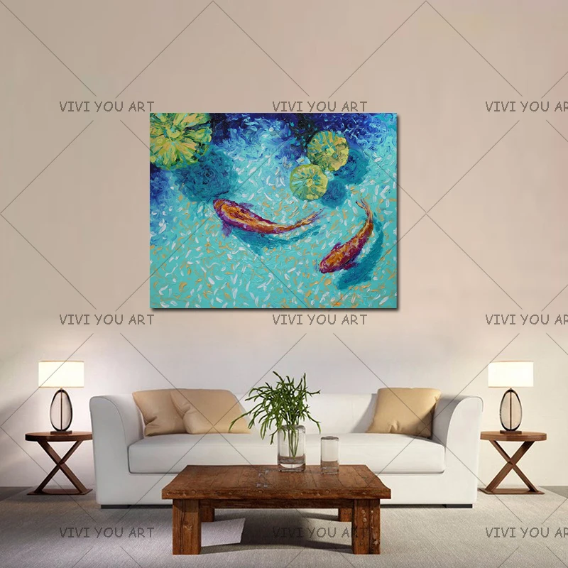 Handmade thick knife Chinese Fish Carps Modern Abstract Fine Artwork Canvas fresh Bedroom artwork Wall Oil Painting Home Decor