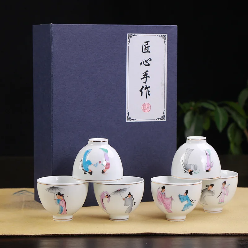 Hand-painted Ceramic Sample Tea cup, Master Cup Kiln Small Classic Cup Beijing Opera Kungfu Tea cups 6pcs