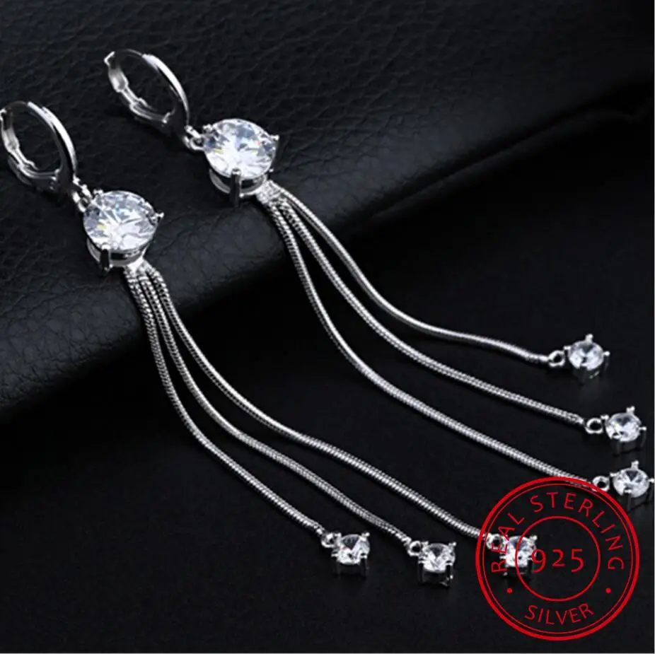

Fine Jewelry Long Tassel Chain 925 stamp silver color Shiny Zirconia Drop Earrings Boucle D'oreille For Women Delicate Gifts