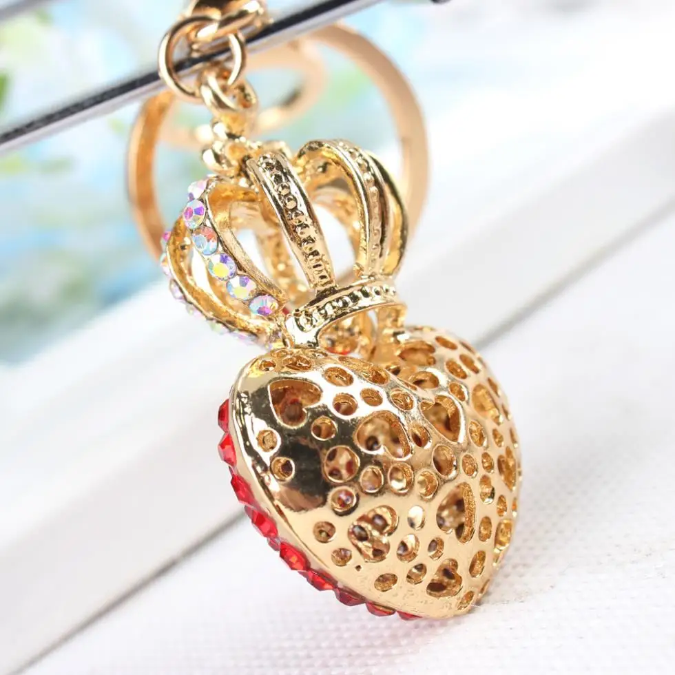 Lovely Crown Red Heart Keyring Cute Rhinestone Crystal Charm Pendant Key Bag Chain Women Jewelry Birthday Party Gift