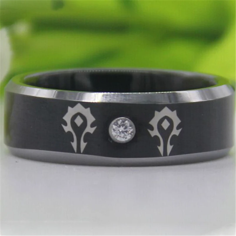 Free Shipping Top Quality World of Warcraft Horde Design 8MM Black Top Silver Bevel With Stone Men'sTungsten Wedding Band Ring