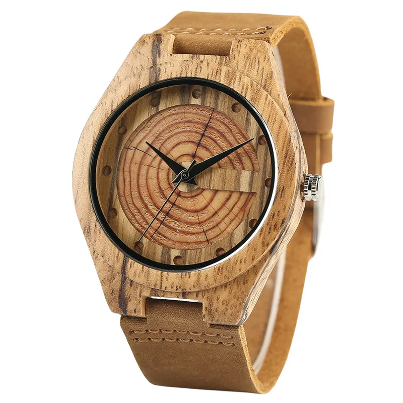 Men\'s Wood Watch Handmade Annual Rings Block Points Black Hands Men Quartz Wrist Watches Brown Genuine Leather Starp Sports Hour