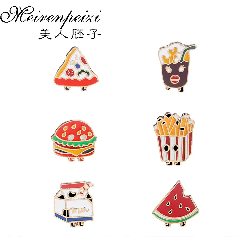 Junk Food Clothing Brooches Pins Milk Hamburger Chocolate Drink Milk Fries Watermelon Enamel Pins Party Badge Jewelry