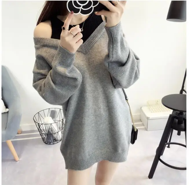 

Fashion Long sweater Women Off shoulder o neck knitted Patchwork pullover 2022 Autumn winter jumper pull femme