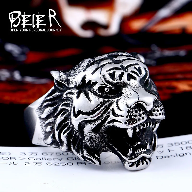 Beier 316L Stainless steel Tiger Head Ring Men Personality Unique Men\'s Animal Jewelry good detail LR307 US size