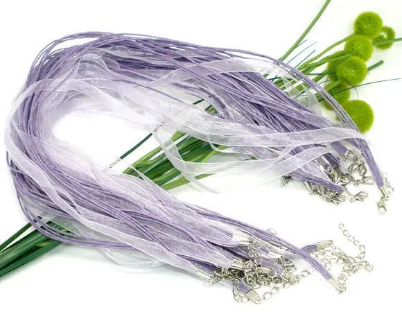 Free Shipping 100pcs Lobster Clasp Purple Organza Ribbon Waxen Cord String Necklaces 17