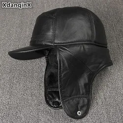 XdanqinX Genuine Leather Hat For Men Winter Warm Bomber Hats Earmuffs Plus Velvet Thick Sheepskin Hooded Ski Cap Dad Winter Caps