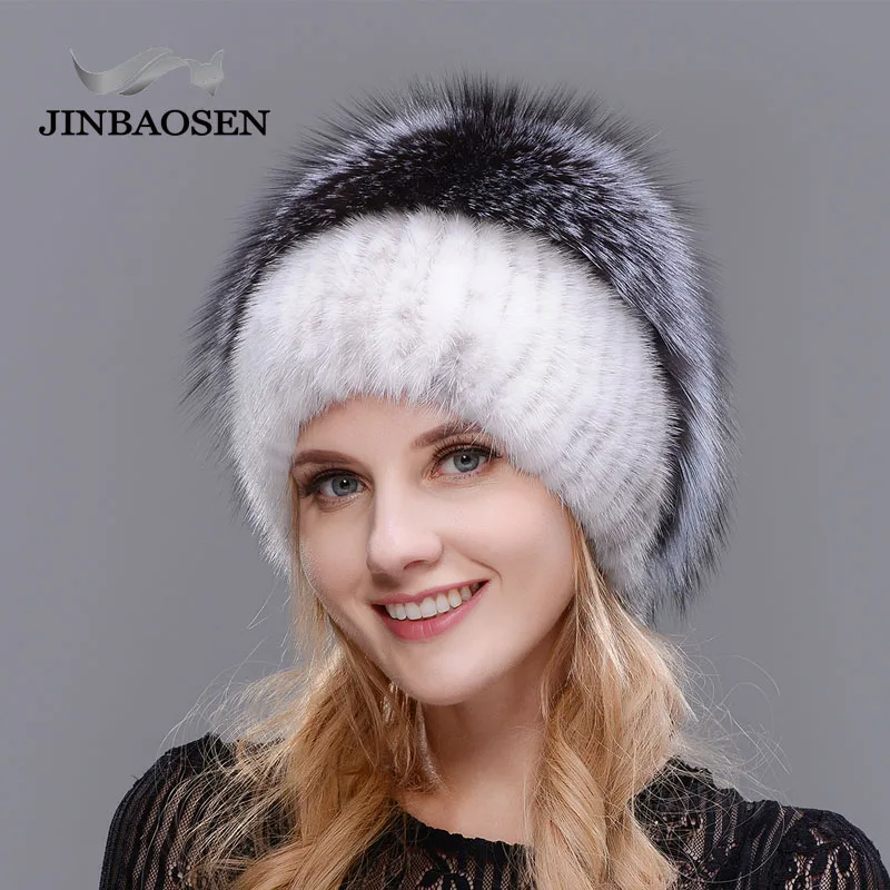 JINBAOSEN Fashion Mink Fur Fox Hat Woman Winter Warm Fox Knitted Hat Woman New Natural Fur And Water drill Ski Hat