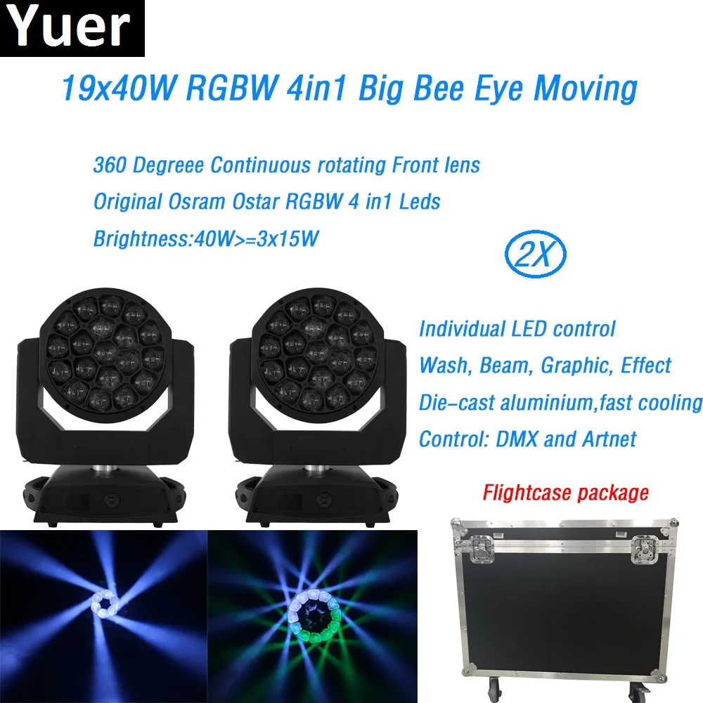 2Pcs/Lot Flightcase 19x40w RGBW 4in1 led moving head wash Beam light with zoom dmx graphic effect light party bar dj disco stage