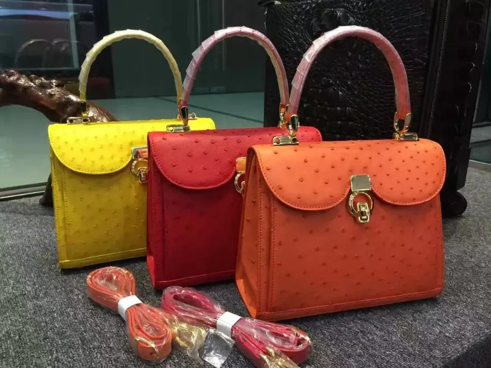 100% Genuine Ostrich Leather Skin Women Tote Bag Famous High End Quality Handbag Yellow and Pink color Free shipping