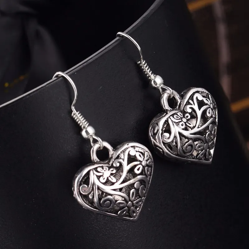 LUBOV Hollow Out Heart Drop Earring for Women Retro Vintage Flower Dangle Earrings Antique Tibetan Silver Jewelry New Arrival