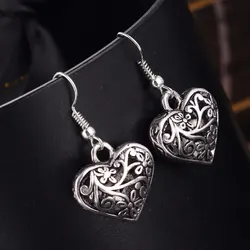 LUBOV Hollow Out Heart Drop Earring for Women Retro Vintage Flower Dangle Earrings Antique Tibetan Silver Jewelry New Arrival
