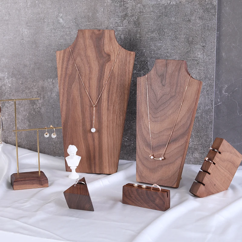 Black Walnut Pendant Necklace Display Holder Earrings Ring Display Stand Solid Wood Chain Showcase