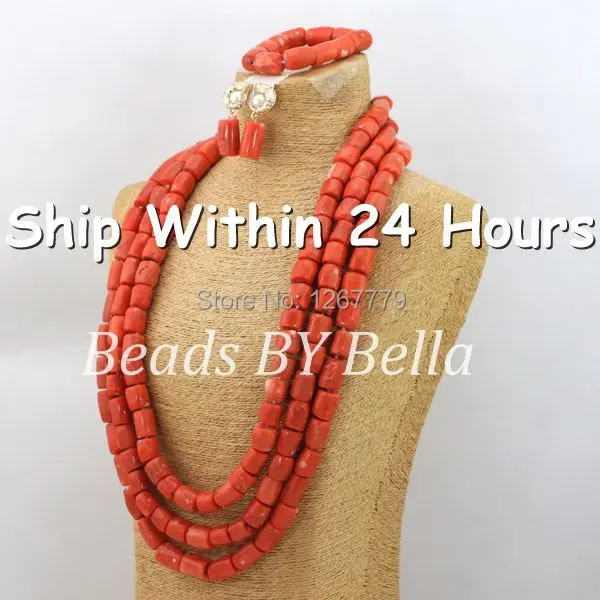 Red Long African Coral Beads Jewelry Set Nigerian Beads Necklaces Statement Necklace African Jewelry Beads Free Shipping ABC421