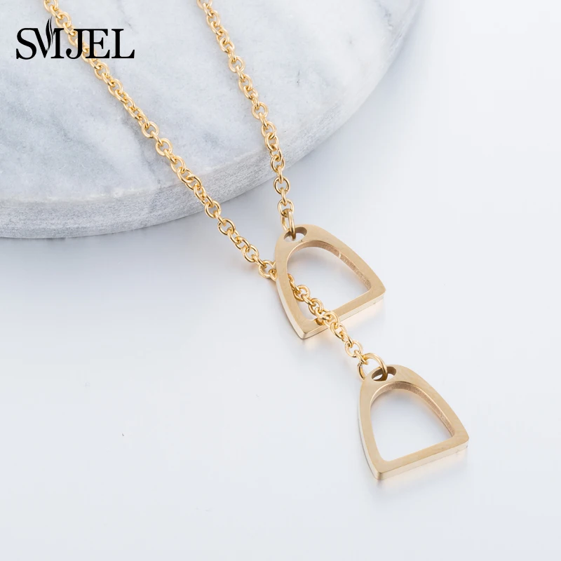 SMJEL New Lucky Horse Shoe Necklaces Stainless Steel Double Horse Stirrups Necklaces & Pendants for Women Accessories Gift