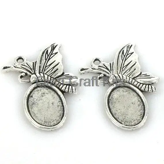 100pcs butterfly Cabochon Base Settings antique Silver Tone fit cameo gem of 10*14mm ,whole size 28*14mm